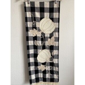 Autumn Blessings Table Runner Black Buffalo Check w Embroidered Pumpkins 72x14